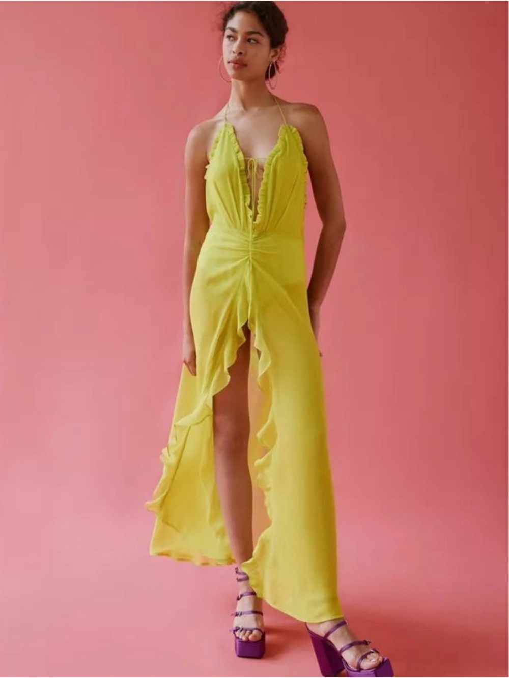 NWT For Love & Lemons Lina Neon Green Floral Rosette Halter Maxi Dress – Size Sm